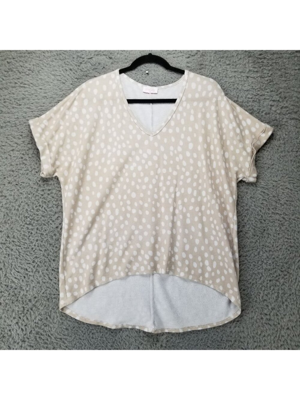 Pink Lily Shirt Womens Medium Tan White Dotted Short Sleeve Blouse